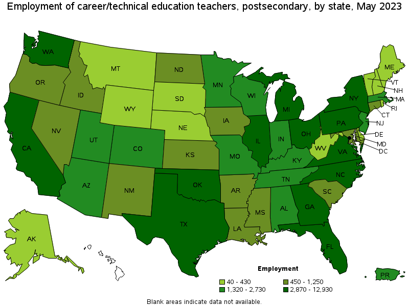 Map of employment of career/technical education teachers, postsecondary by state, May 2021