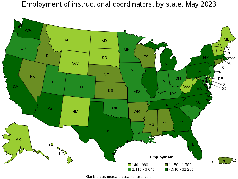 Map of employment of instructional coordinators by state, May 2022