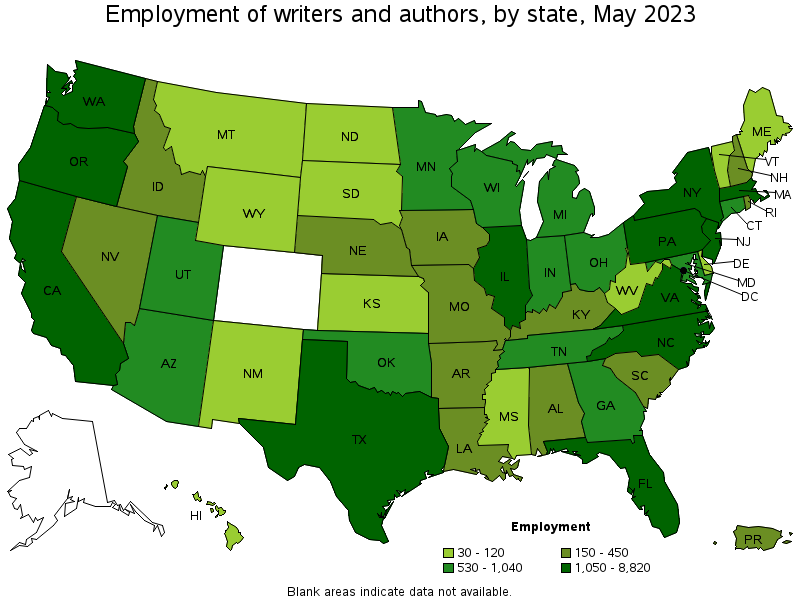 Map of employment of writers and authors by state, May 2022