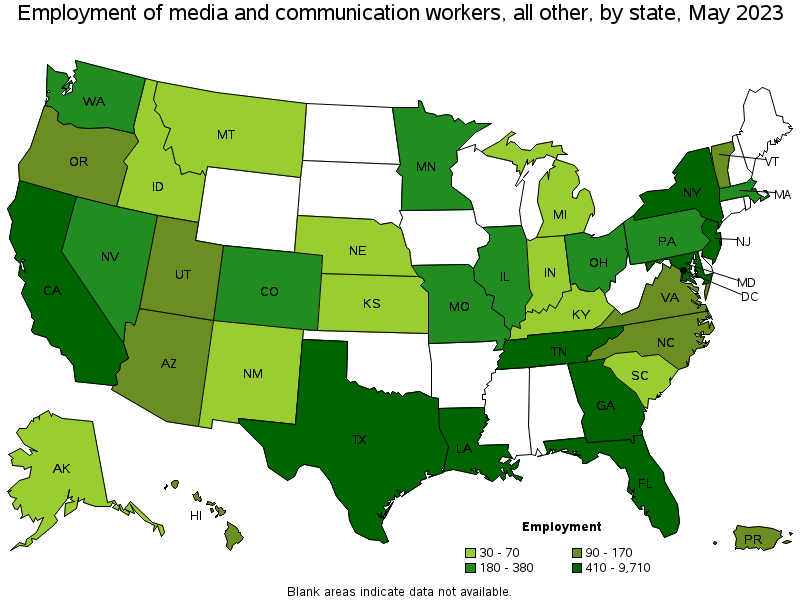 Map of employment of media and communication workers, all other by state, May 2021