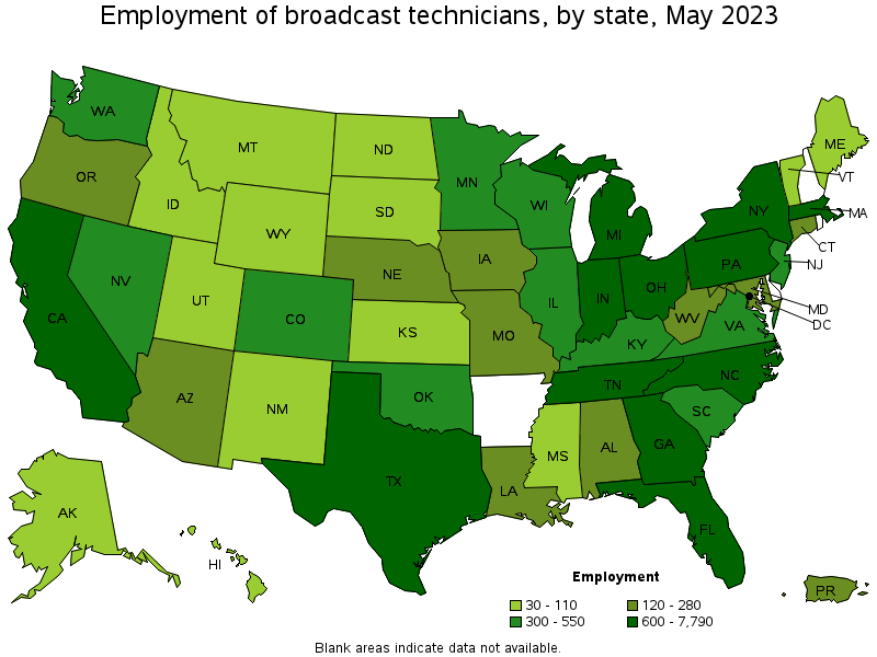 Map of employment of broadcast technicians by state, May 2021