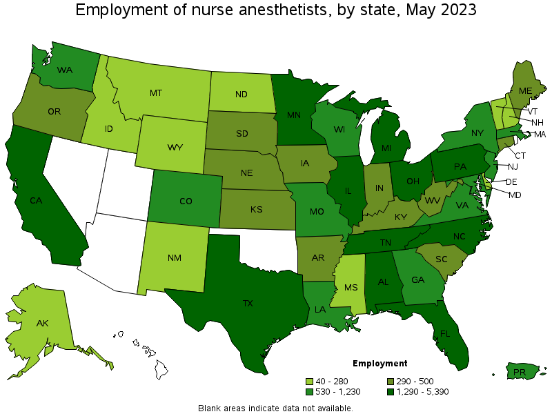 Map of employment of nurse anesthetists by state, May 2022