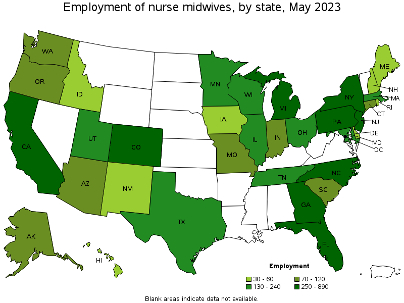 Map of employment of nurse midwives by state, May 2021