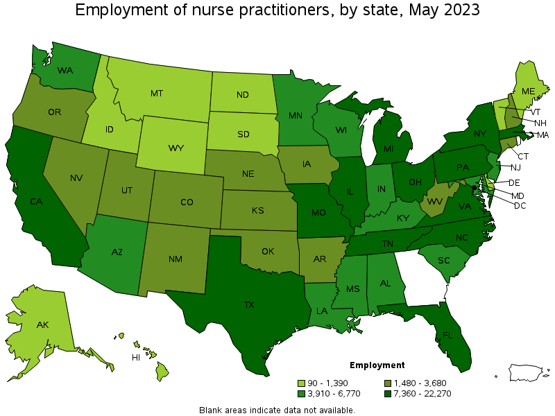 Map of employment of nurse practitioners by state, May 2021