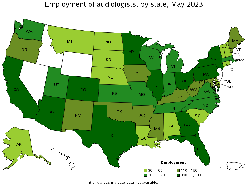 Map of employment of audiologists by state, May 2021