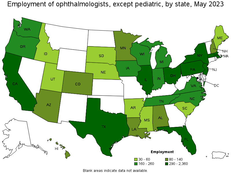 Map of employment of ophthalmologists, except pediatric by state, May 2021