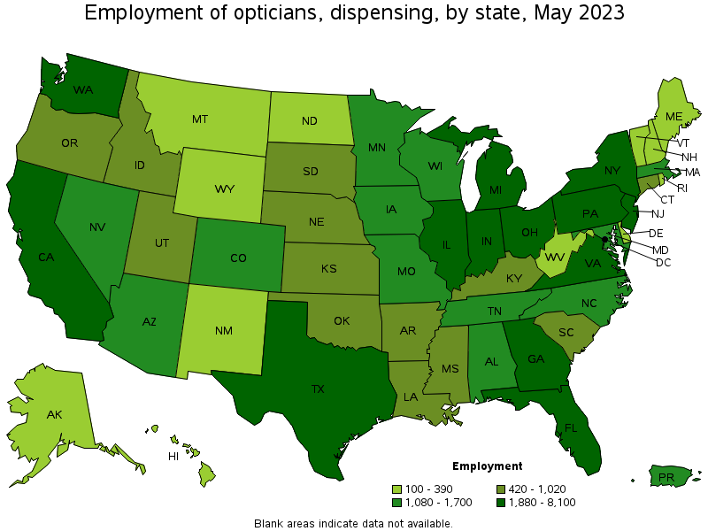 Map of employment of opticians, dispensing by state, May 2022