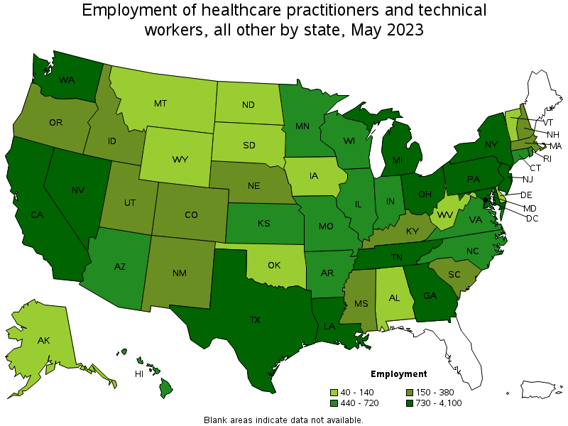 Map of employment of healthcare practitioners and technical workers, all other by state, May 2022