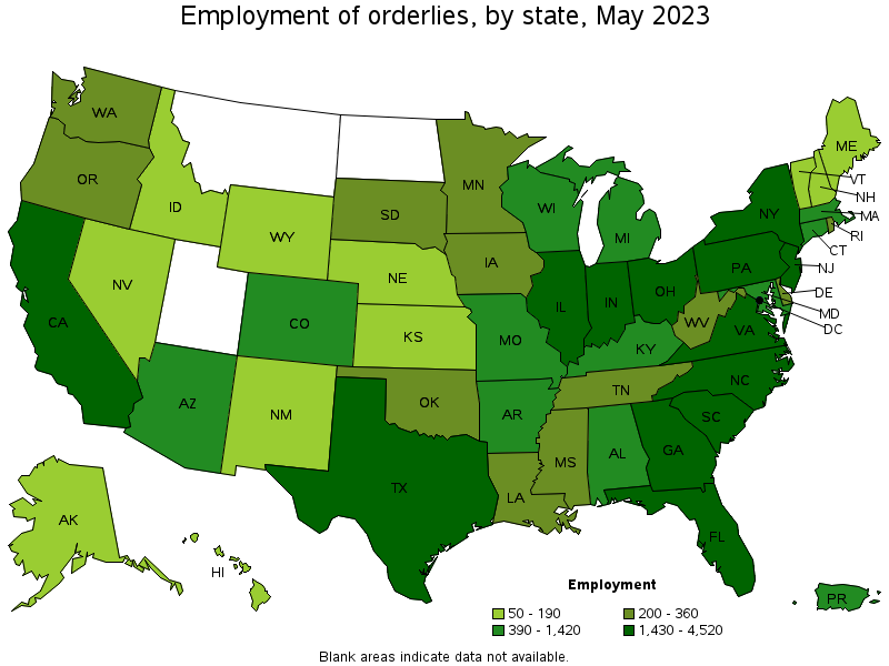 Map of employment of orderlies by state, May 2021
