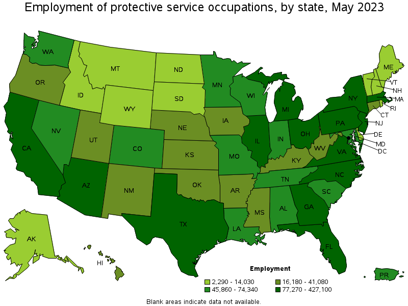 Map of employment of protective service occupations by state, May 2022