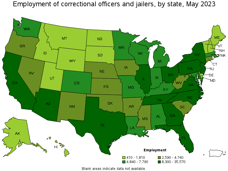 Map of employment of correctional officers and jailers by state, May 2021