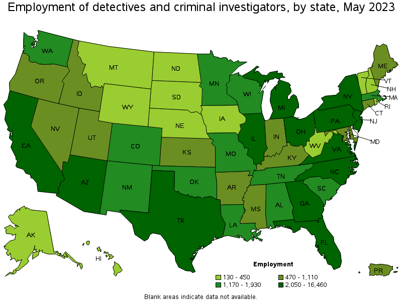Map of employment of detectives and criminal investigators by state, May 2021