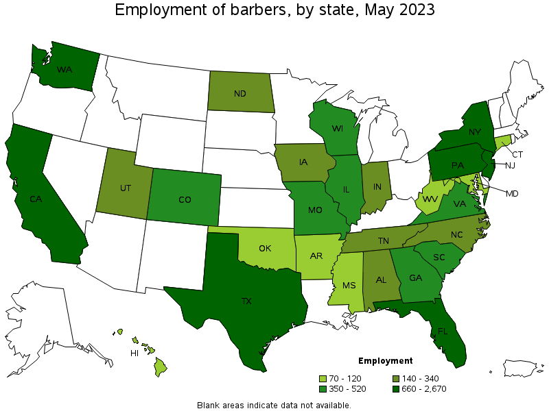 Map of employment of barbers by state, May 2021