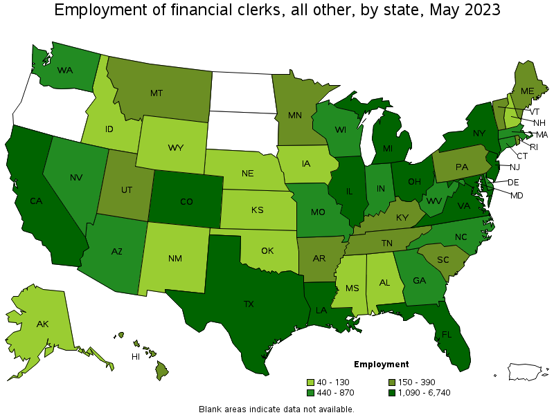 Map of employment of financial clerks, all other by state, May 2021