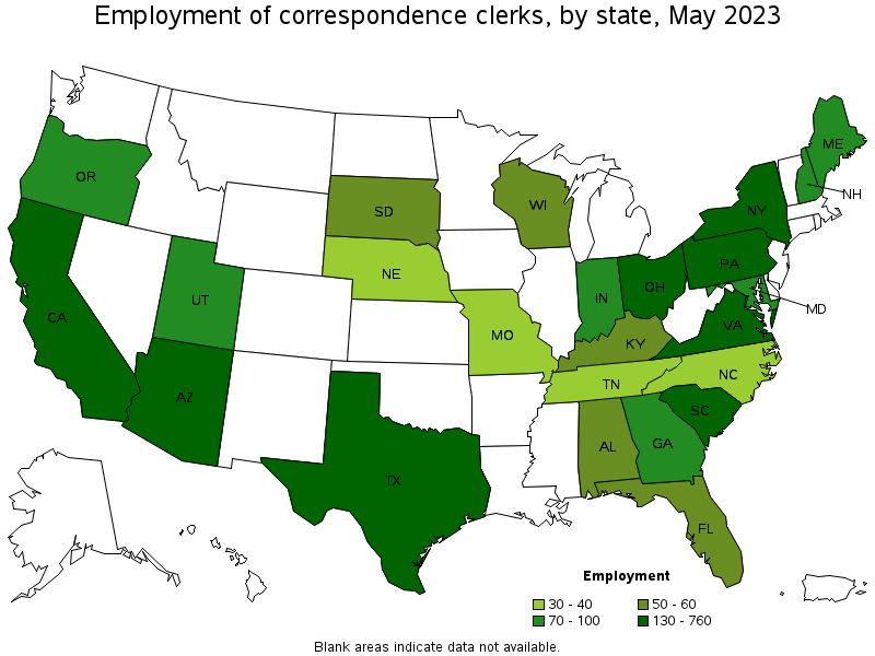 Map of employment of correspondence clerks by state, May 2021