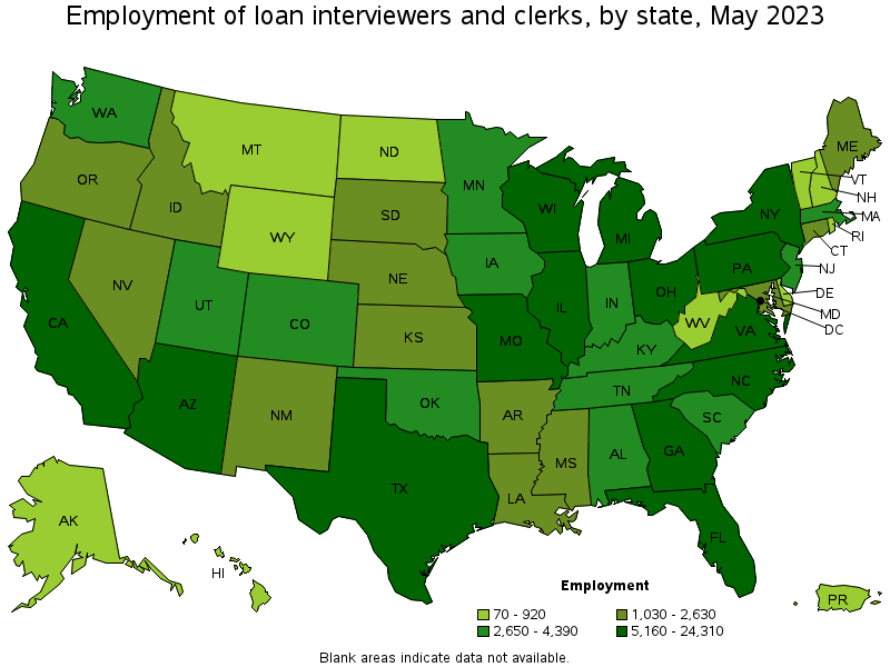 Map of employment of loan interviewers and clerks by state, May 2021