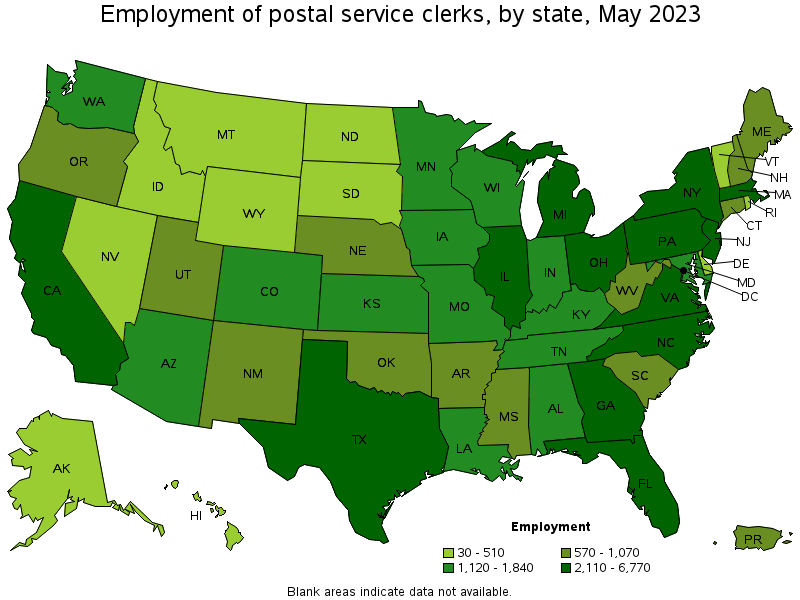 Map of employment of postal service clerks by state, May 2022