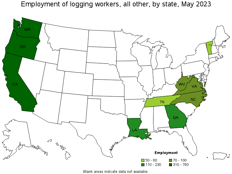 Map of employment of logging workers, all other by state, May 2021