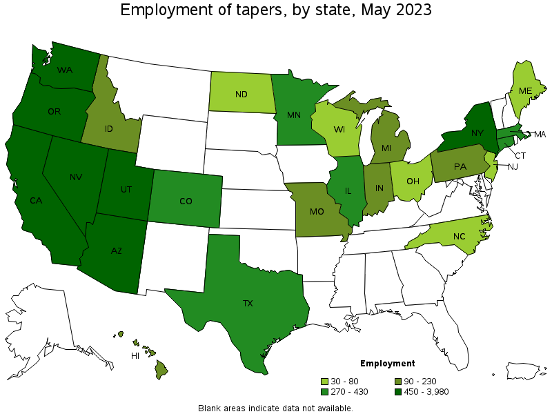 Map of employment of tapers by state, May 2022