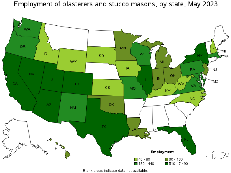 Map of employment of plasterers and stucco masons by state, May 2021