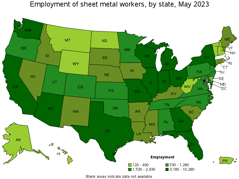 Map of employment of sheet metal workers by state, May 2022