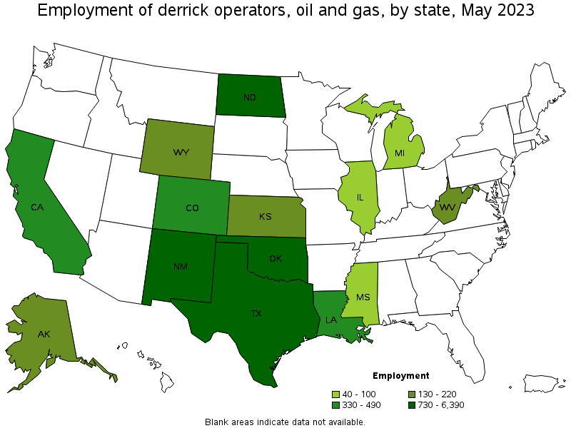 Map of employment of derrick operators, oil and gas by state, May 2022