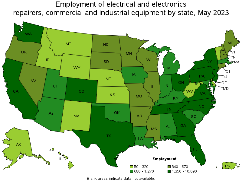 Map of employment of electrical and electronics repairers, commercial and industrial equipment by state, May 2021