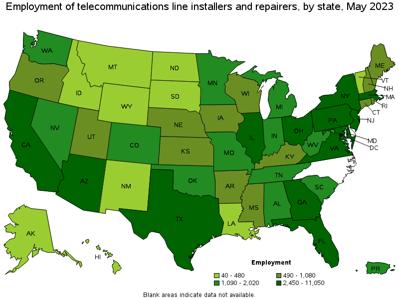 Map of employment of telecommunications line installers and repairers by state, May 2021
