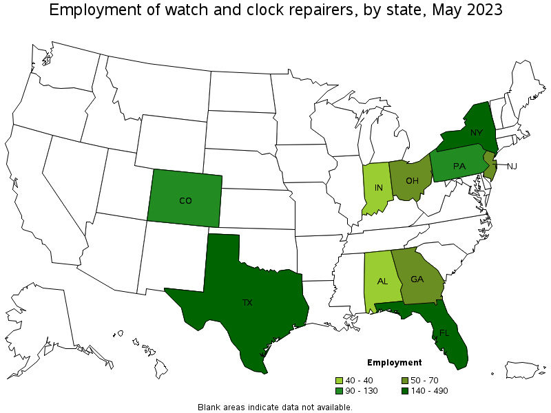 Map of employment of watch and clock repairers by state, May 2021