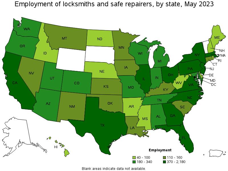 Map of employment of locksmiths and safe repairers by state, May 2021