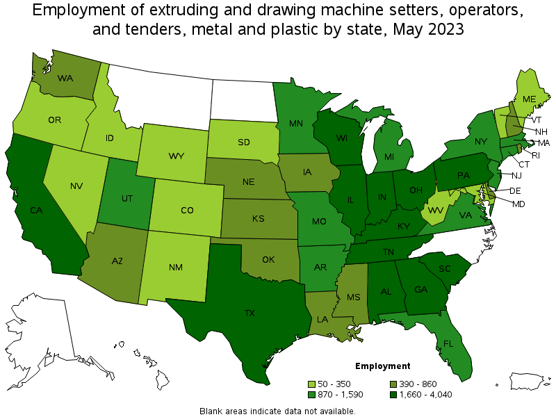 Map of employment of extruding and drawing machine setters, operators, and tenders, metal and plastic by state, May 2022