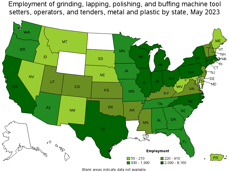 Map of employment of grinding, lapping, polishing, and buffing machine tool setters, operators, and tenders, metal and plastic by state, May 2022