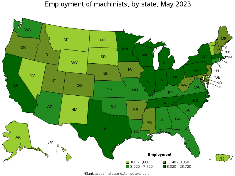 Map of employment of machinists by state, May 2022