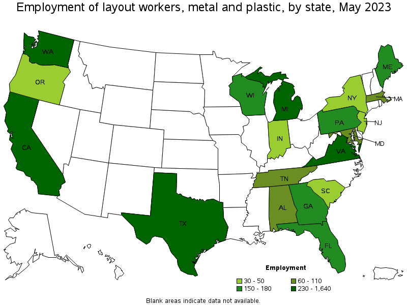 Map of employment of layout workers, metal and plastic by state, May 2021