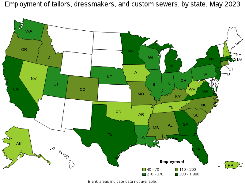 Map of employment of tailors, dressmakers, and custom sewers by state, May 2022