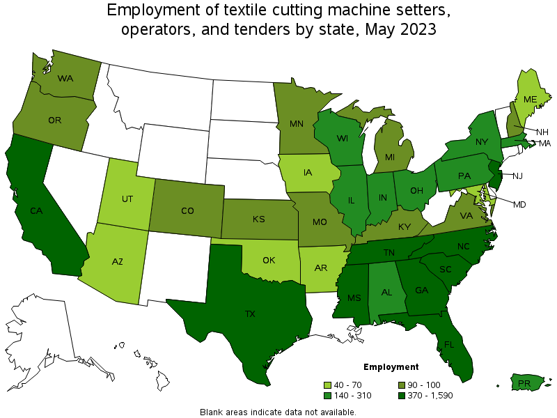 Map of employment of textile cutting machine setters, operators, and tenders by state, May 2022