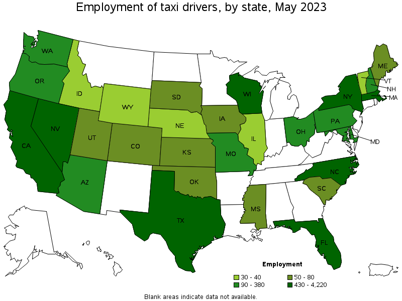 Map of employment of taxi drivers by state, May 2022