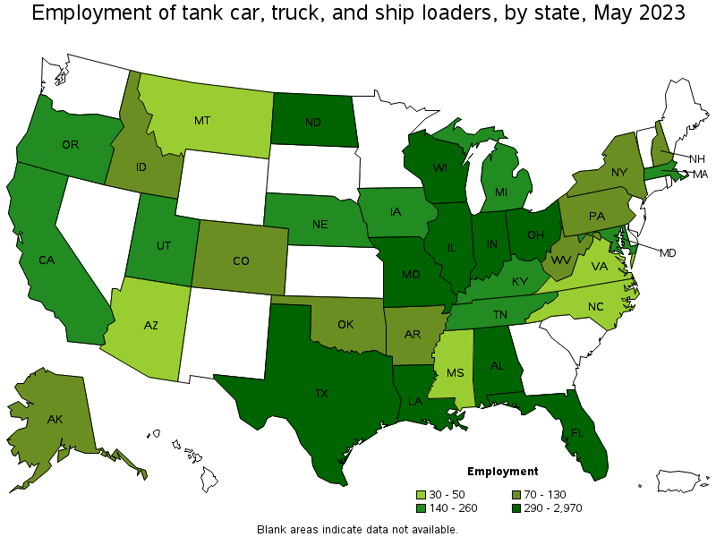 Map of employment of tank car, truck, and ship loaders by state, May 2021
