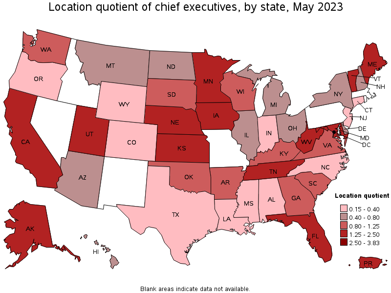 Map of location quotient of chief executives by state, May 2022