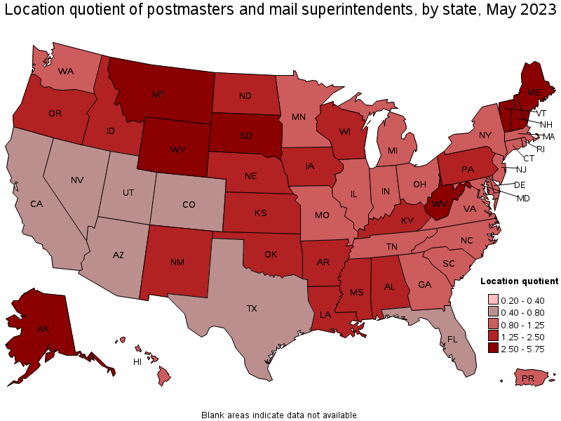 Map of location quotient of postmasters and mail superintendents by state, May 2021