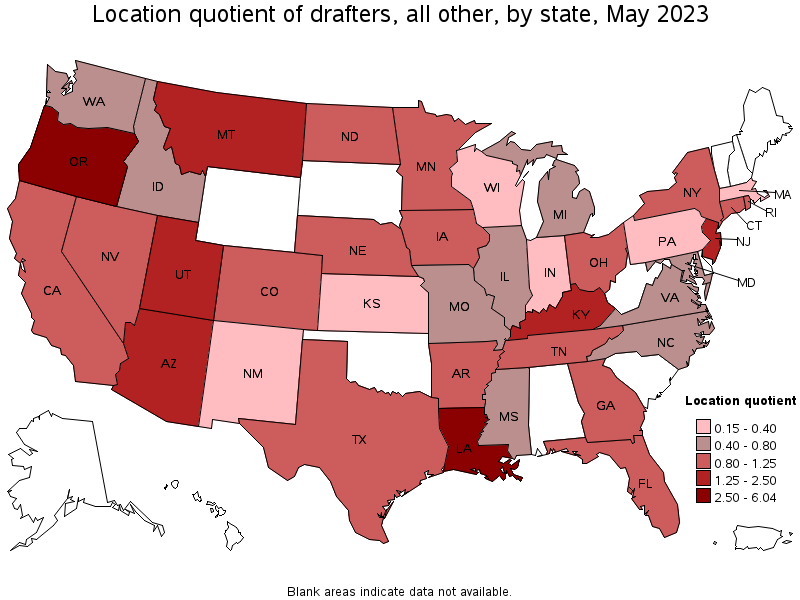 Map of location quotient of drafters, all other by state, May 2021