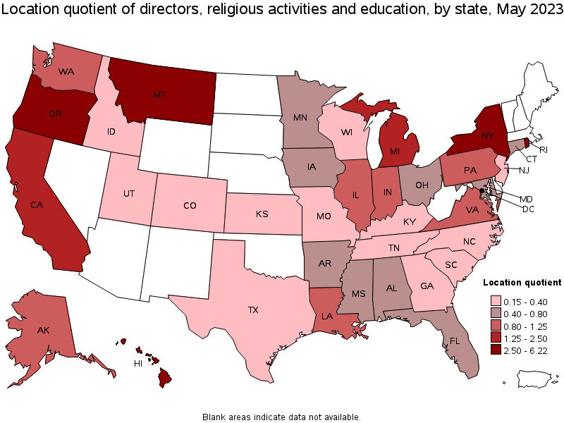 Map of location quotient of directors, religious activities and education by state, May 2022