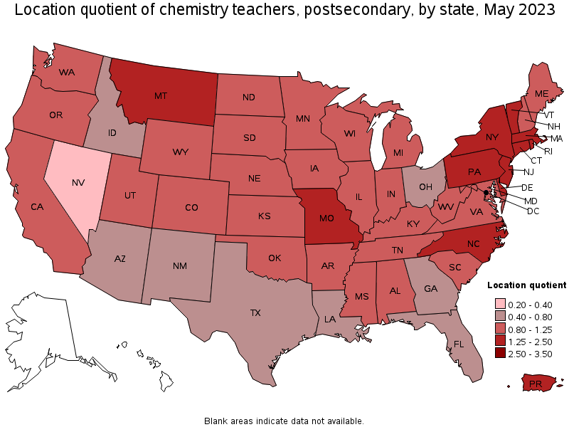 Map of location quotient of chemistry teachers, postsecondary by state, May 2022
