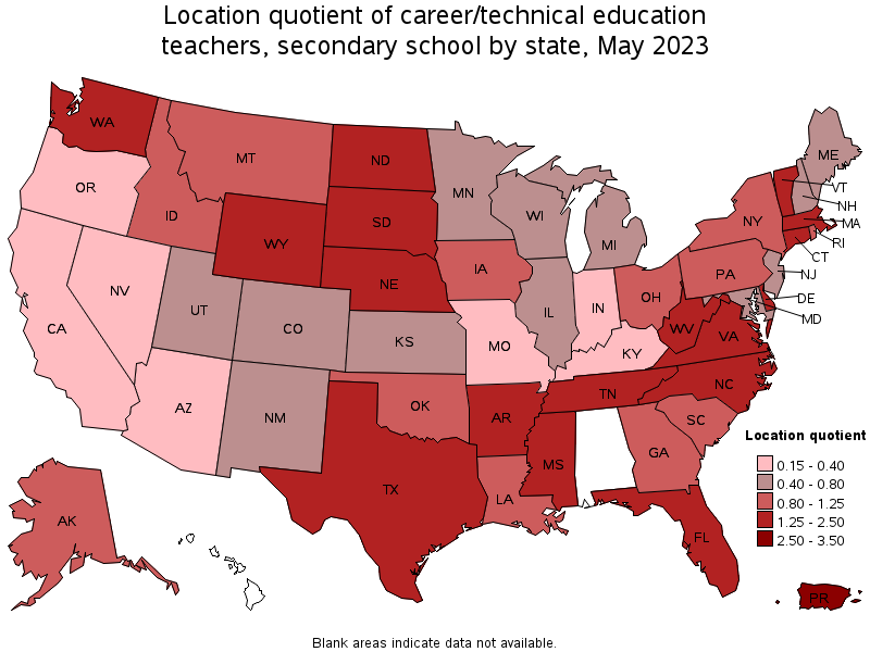 Map of location quotient of career/technical education teachers, secondary school by state, May 2022