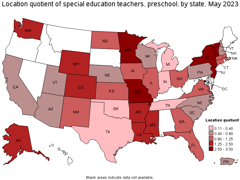 Map of location quotient of special education teachers, preschool by state, May 2022