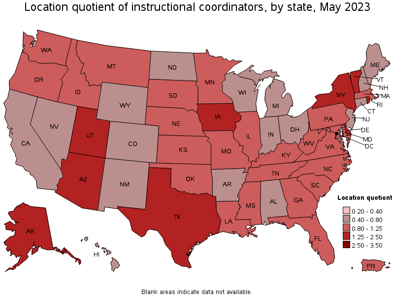 Map of location quotient of instructional coordinators by state, May 2022
