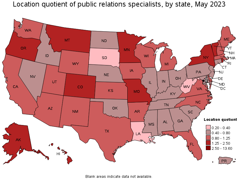 Map of location quotient of public relations specialists by state, May 2021