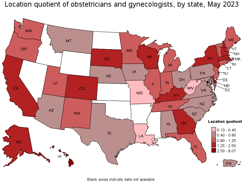 Map of location quotient of obstetricians and gynecologists by state, May 2022