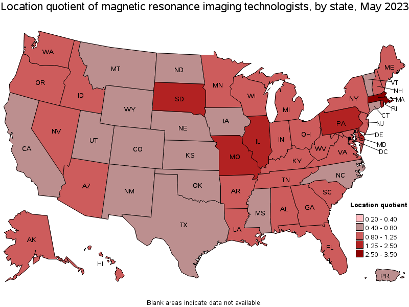 Map of location quotient of magnetic resonance imaging technologists by state, May 2021