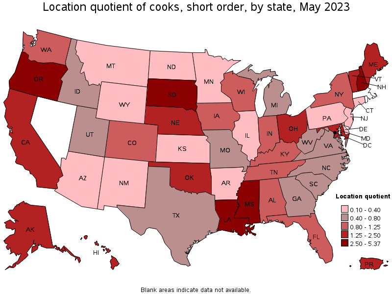 Map of location quotient of cooks, short order by state, May 2022